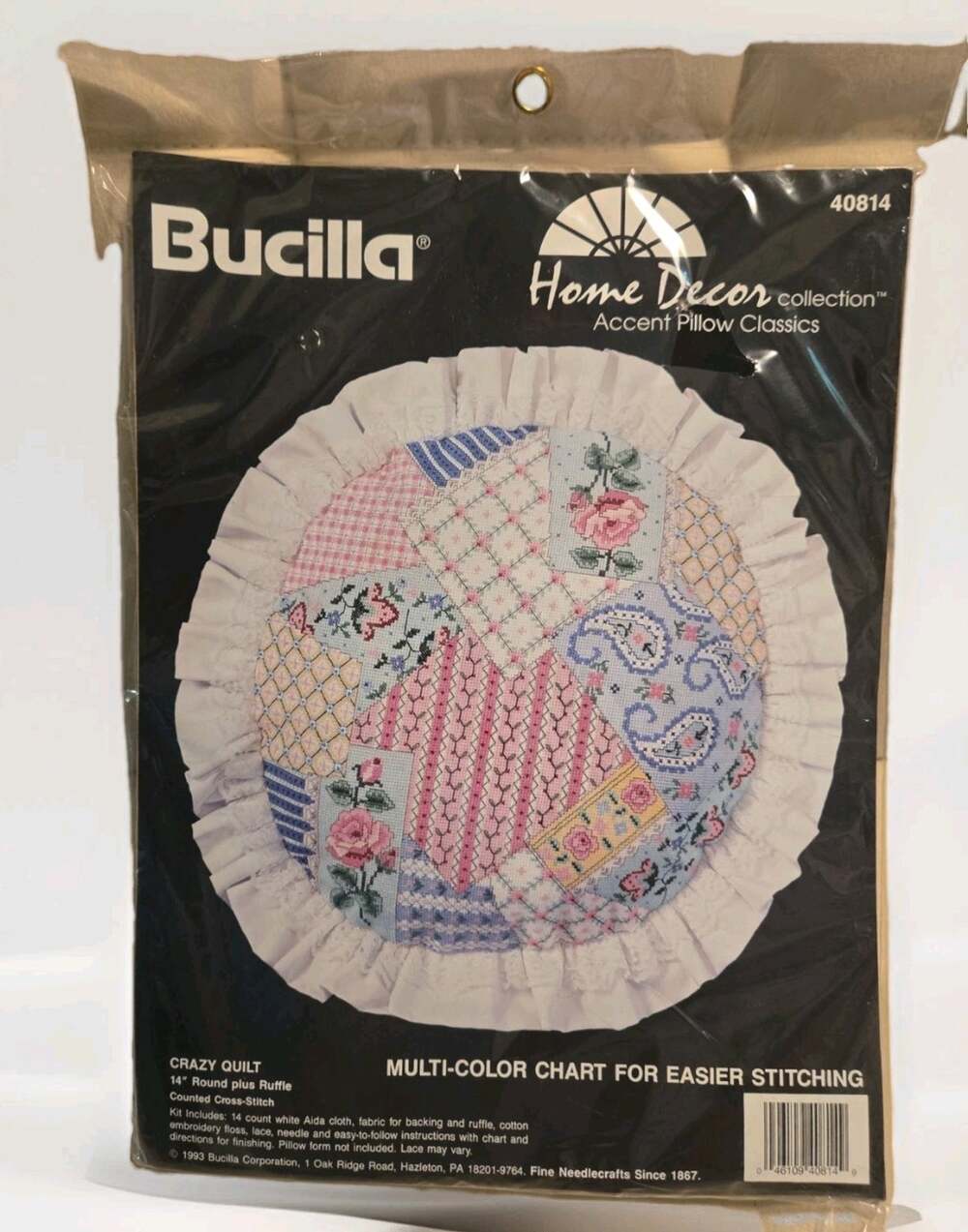Bucilla Counted Cross-Stitch Crazy Quilt Pillow Kit 14" Round Roses, Paisely